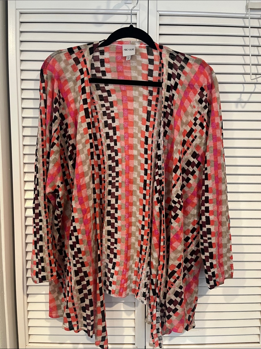 NIC+ZOE Pink Multi-Check Open Front Cardigan 2c NWOT